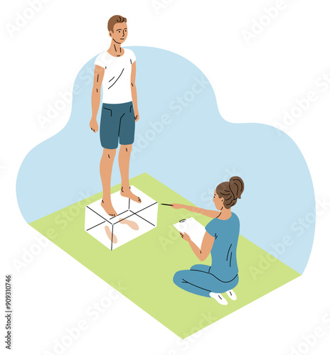 Doctor woman examines patient man legs on podoscope. Diagnostic center orthopedics and podology. Foot health. Professional assistance from a medical specialist. Flat vector illustration isometric