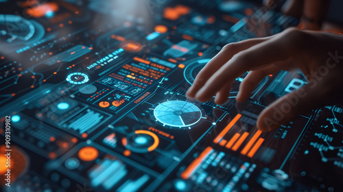 High technology cyber dashboard control, futuristic interface touchscreen panel with buttons,  graphic UI data analytics.
