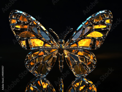 Elegant, shiny crystal monarch butterfly.  Orange, brown and yellow on a black background.