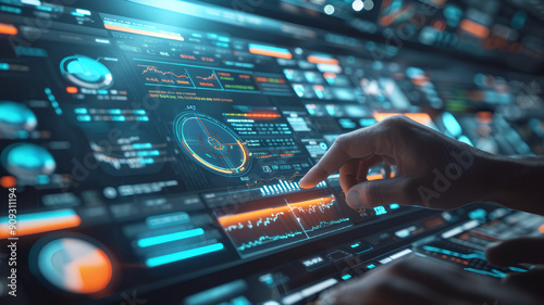 High technology cyber dashboard control, futuristic interface touchscreen panel with buttons,  graphic UI data analytics.