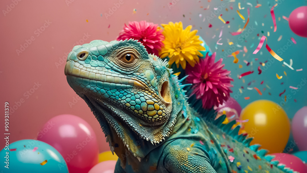 Obraz premium Cute iguana on a colored background, birthday