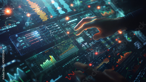High technology cyber dashboard control, futuristic interface touchscreen panel with buttons,  graphic UI data analytics.
