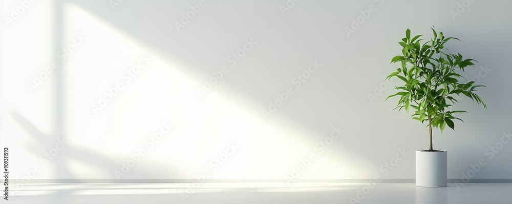 Minimalistic interior with a green potted plant against a white wall, casting a long shadow in natural light Minimalistic interior with a green potted plant against a white wall, casting a long shadow in natural light