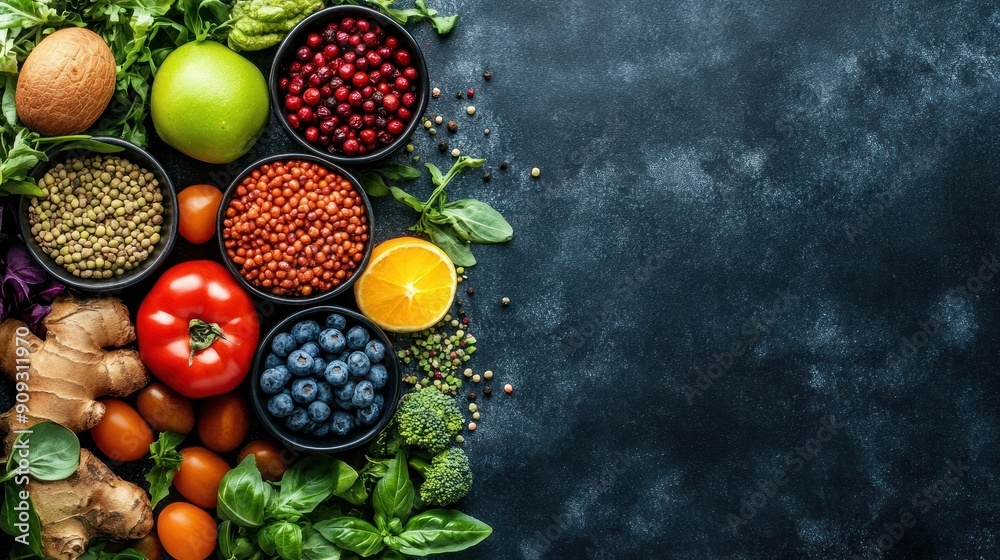 Healthy Food Ingredients on a Dark Background Healthy Food Ingredients on a Dark Background