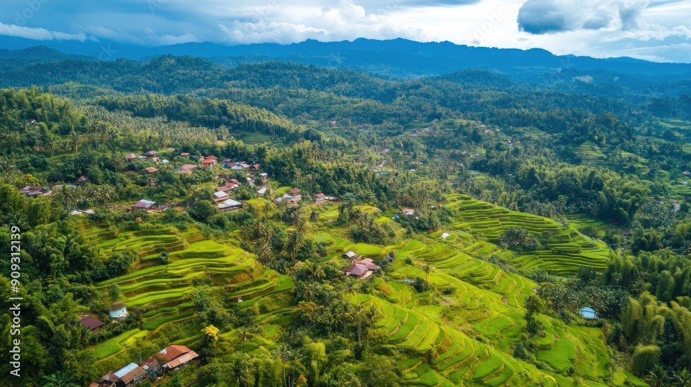 Obraz premium Aerial View of Lush Rice Terraces in a Mountainous Landscape