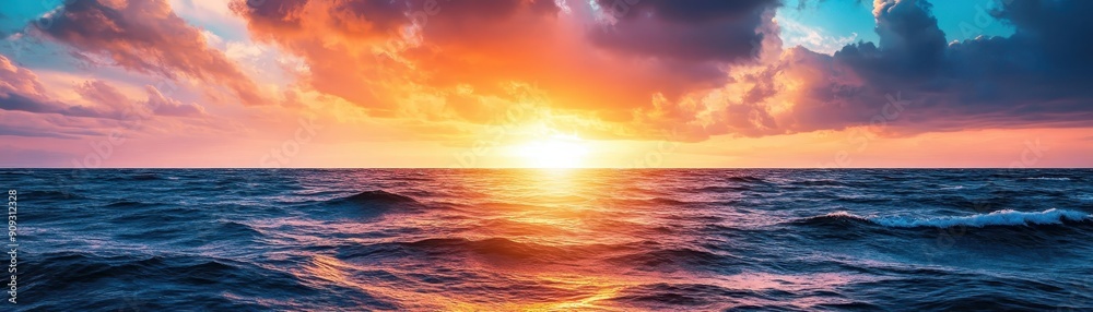 Fototapeta premium Stunning sunset over the tranquil ocean with colorful skies and calm waves creating a peaceful and serene atmosphere.