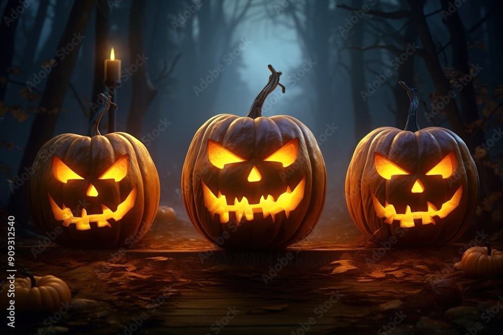 Fototapeta premium Path in spooky forest with pumpkin lanterns and ghosts