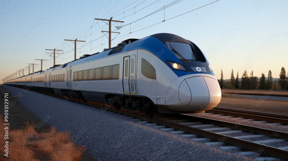 Naklejka premium A modern high-speed train rushes along the rails