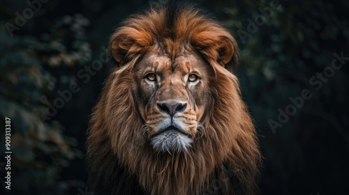 Close-up portrait of a fierce and powerful lion with an intense expression.