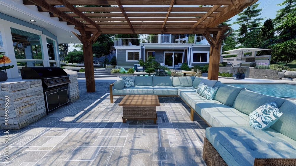 Cozy patio with sofas and a table. Pergola shade over patio. Cozy patio with sofas and a table. Pergola shade over patio.