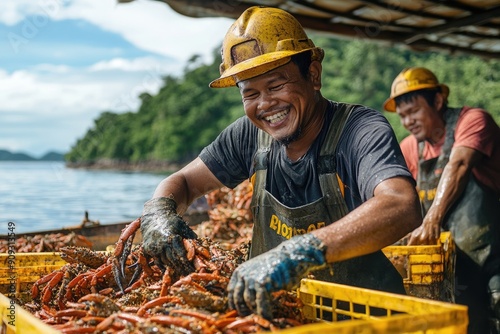 Fisherman sorting crabs on fishing boat smiling at camera