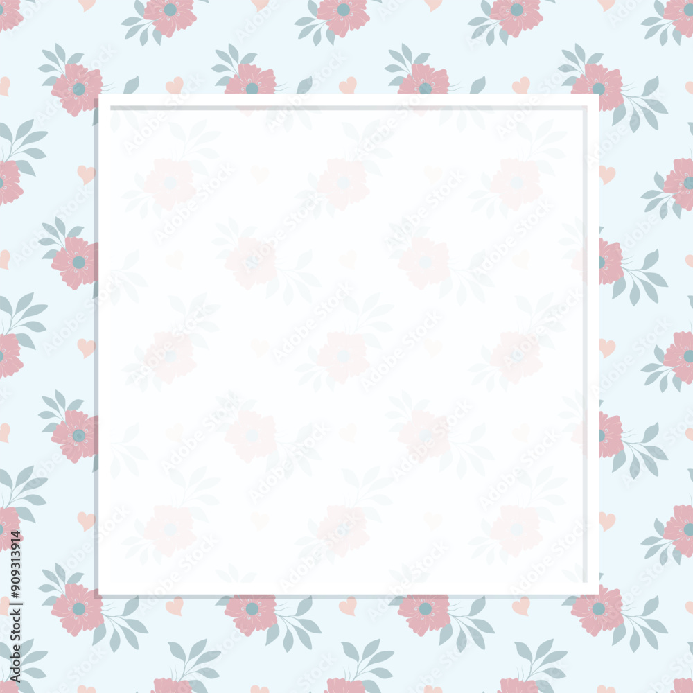 Pink floral with blue background notepad, frame and poster template Pink floral with blue background notepad, frame and poster template