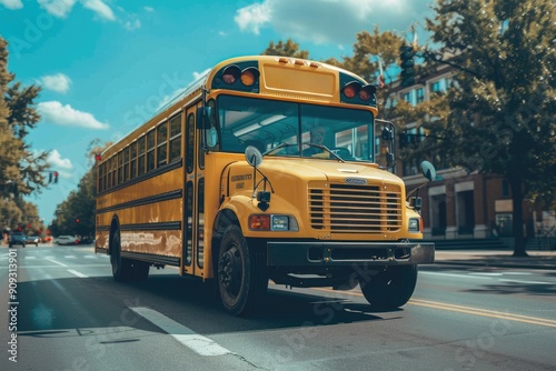 Yellow school bus driving students on a suburban street