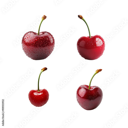 A close-up illustration of ripe, juicy cherries with green leaves