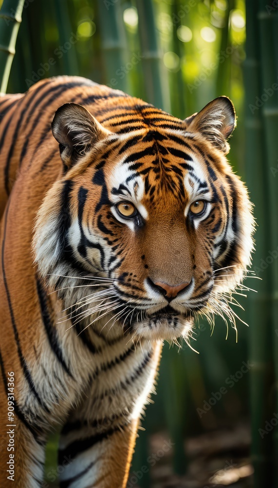 Fototapeta premium In the heart of an emerald bamboo jungle, a magnificent tiger strides confidently, its powerful muscles rippling beneath its striped coat. The play of light and shadow dances across its fur as the jun