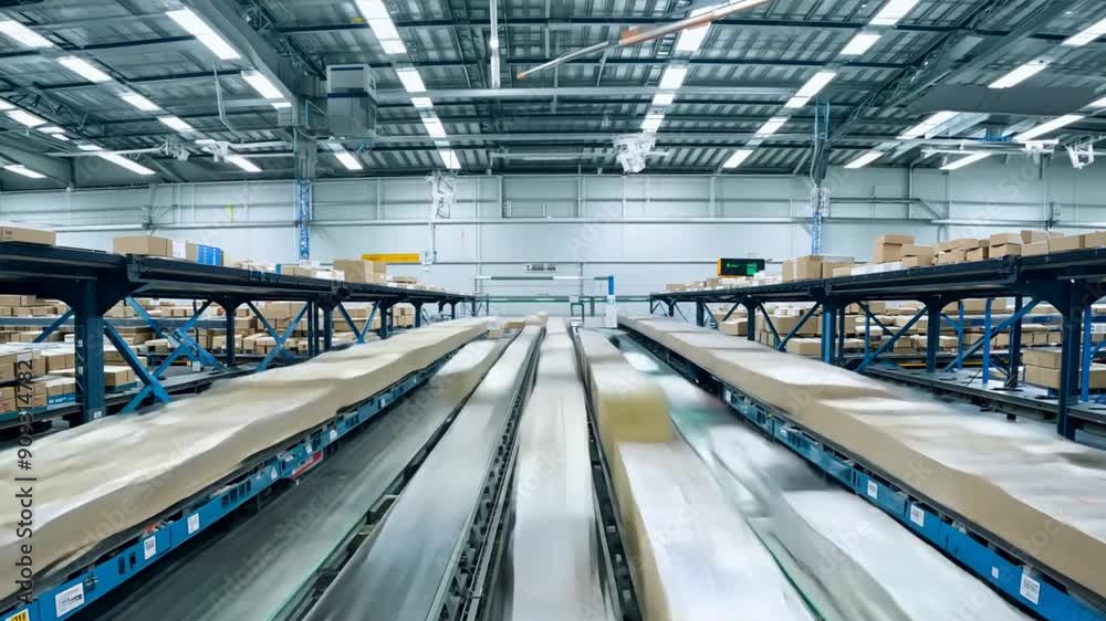 timelapse shot reveals parcels being swiftly transported on a conveyor line in a high-tech warehouse. 