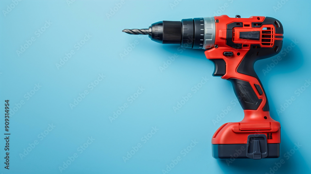 Electric black red drill on blue background, copy space. Industrial battery technology machine equipment tool, cordless instrument for repair work, construction, fix, hardware Electric black red drill on blue background, copy space. Industrial battery technology machine equipment tool, cordless instrument for repair work, construction, fix, hardware