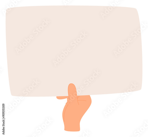 Arm showing board, clear clean space for ad, announcement, information, promotion. Hand holding blank paper sheet.
