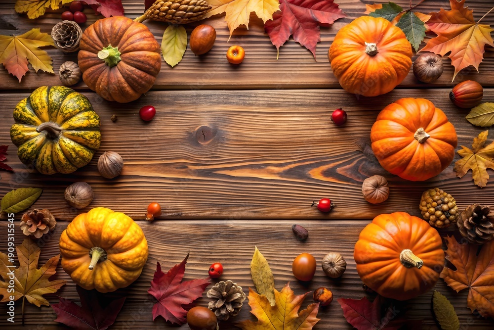an autumn-themed arrangement on a wooden surface with copyspace. It includes various pumpkins, pine cones, dried leaves in warm shades, cinnamon sticks, star anise pods, and slices of dried orange.
