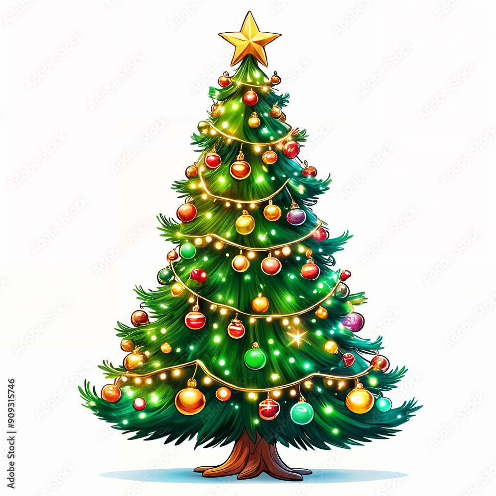 Vibrant, fully decorated Christmas tree with a star on top and numerous colorful ornaments hanging from its branches. Vibrant, fully decorated Christmas tree with a star on top and numerous colorful ornaments hanging from its branches.
