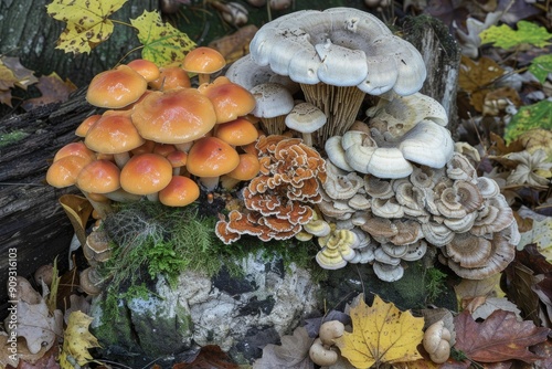 Vibrant cluster of various wild mushrooms thriving on a decaying log amidst autumn leaves photo
