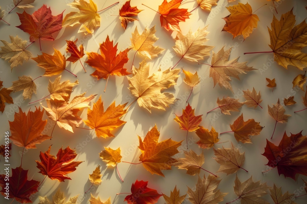 A cozy arrangement of colorful fall leaves backlit with gentle light A cozy arrangement of colorful fall leaves backlit with gentle light