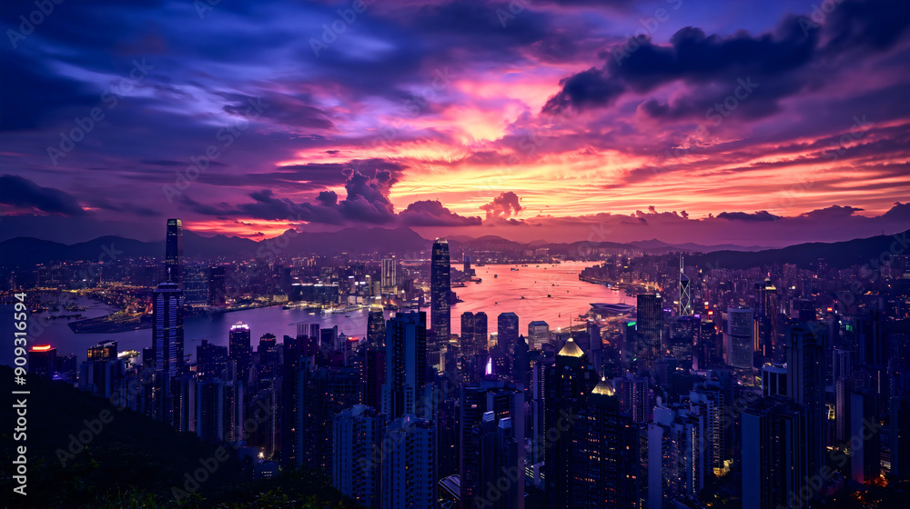 Fototapeta premium Evening twilight dusk sunset sky over cityscape. Modern business skyscraper building architecture, urban night downtown tower view, beautiful metropolis panorama with river