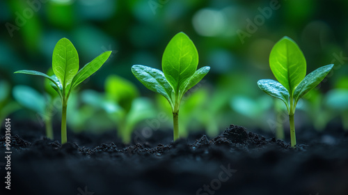 Young green plants growing in dark soil