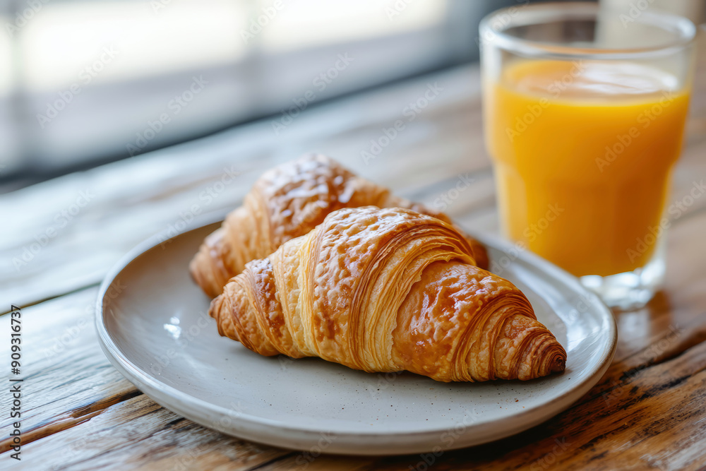 French breakfast with croissants on a plate and orange juice French breakfast with croissants on a plate and orange juice