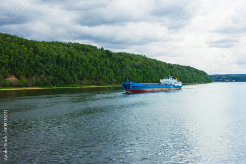 Empty bulk carrier heading downstream. Volga. Russia