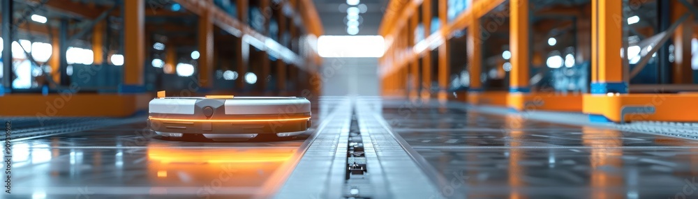 A metal track leading through a warehouse with metal shelving on either side. A metal track leading through a warehouse with metal shelving on either side.