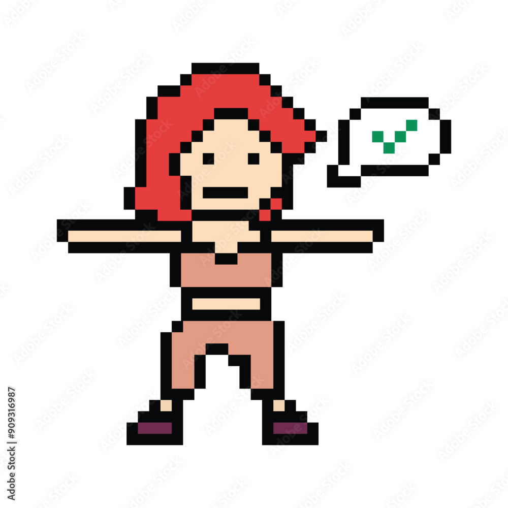 Obraz premium Cute pixel cartoon 8bit character woman exercises training dance lifestyle music decoration life style 8 bit female girl dance with music game fitness isolated PNG vector.