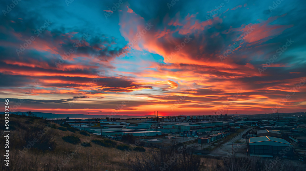 Fototapeta premium Sunset sky over industrial area with factory buildings. Gas pollution station tower architecture, chemical oil fuel environment, petroleum energy plant, petrochemical refinery manufacturing business