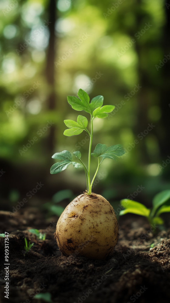 sprouted potato in soil with blurred forest background, close-up view. nature and growth concept