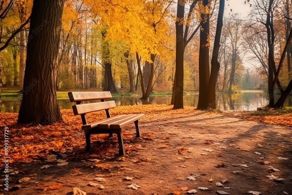 Bench in autumn park. Trees of golden color in the autumn park. Bench in autumn park. Trees of golden color in the autumn park.