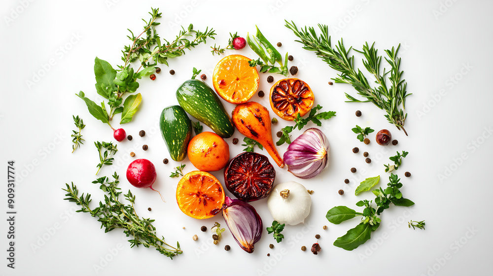 Colorful vegetables and herbs arranged in the shape of an oval on a white background Colorful vegetables and herbs arranged in the shape of an oval on a white background