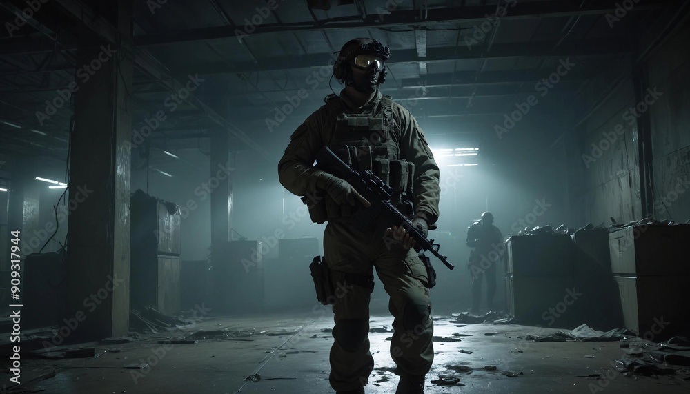 A lone operative in tactical gear and night-vision goggles stealthily navigates a dark, abandoned warehouse, blending into the shadows to avoid detection.
A lone operative in tactical gear and night-vision goggles stealthily navigates a dark, abandoned warehouse, blending into the shadows to avoid detection.