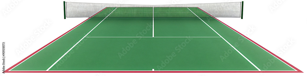 Green tennis court with net and white lines isolated on transparent background. Sport game championship tournament playground field, recreation activity match, club, hobby, outdoor fitness lifestyle