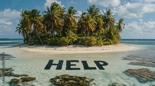 Small Tropical Island Surrounded by Clear Turquoise Water with HELP Sign – Perfect for Adventure and Survival Stories