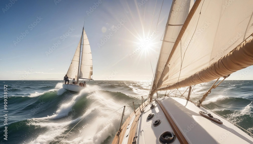 Obraz premium Bright sunlight illuminates a sailboat racing across the churning sea, with a determined sailor adjusting the sails to harness the wind and surge ahead.
