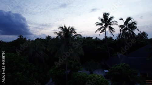 Top view of the sunset over an island in the ocean. Large dark clouds with a pink tinge. Turquoise ocean water, white sand of the beach. Green palm trees and trees. Maldives. Water is like a mirror photo