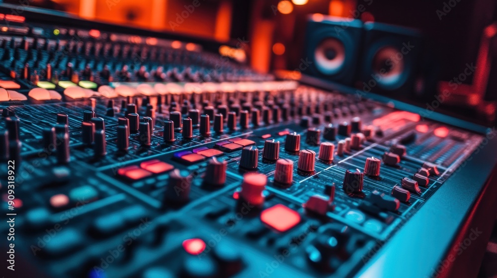 Close-up of a Soundboard with Red and Blue Lighting Close-up of a Soundboard with Red and Blue Lighting
