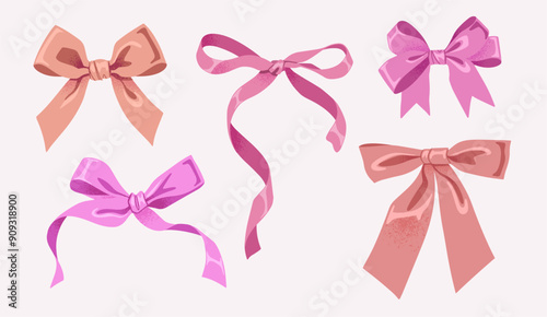 Hand drawn silk bows. Trendy girls hair braiding accessories.  Birthday gifts pink ribbon decoration, holidays gift boxes packaging elements flat vector illustration set.