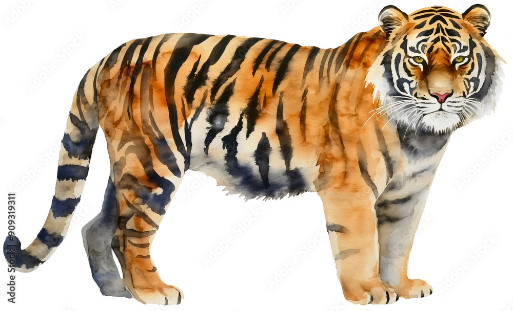 Obraz premium Watercolor tiger standing isolated on transparent background. Africa safari wildlife wild cat art print illustration, jungle or zoo predator mammal, poster