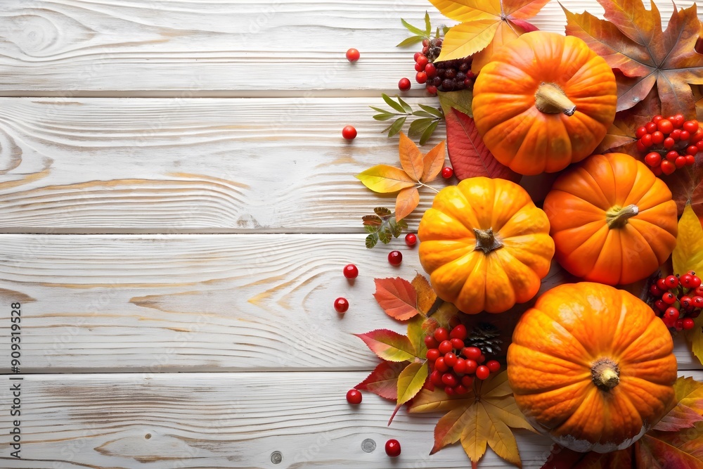 Fototapeta premium Pumpkins and autumn leaves on a old wooden table