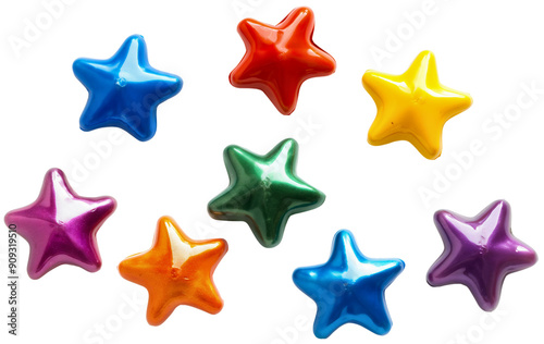Set of colorful shiny glossy star shape isolated on transparent background. Decoration graphic design element, childish geometric icon art, kid, creative, green, blue, yellow, orange, purple, red