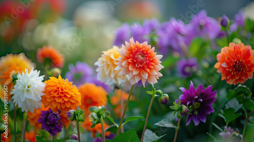 Colorful Dahlia Garden Dahlias in Shades of Orange Background AI Generative
