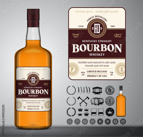 Vector bourbon whiskey label. Glass bottle mockup. Bourbon icons, badges, insignia