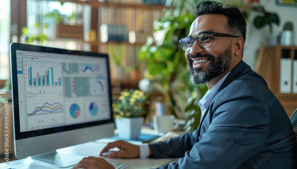A man who has a beard is sitting comfortably at a desk that is positioned in front of a computer screen A man who has a beard is sitting comfortably at a desk that is positioned in front of a computer screen