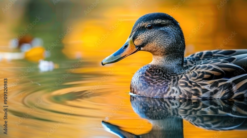 Fototapeta premium a close-up portrait of a powerful American black duck in a still lake with reflections